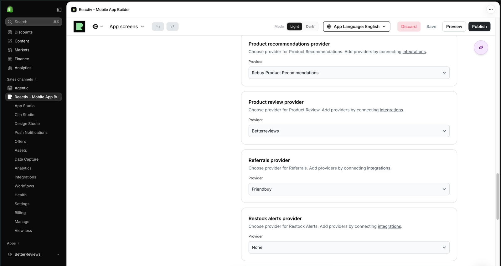 Reactiv Integrations settings with Product review provider set to Betterreviews