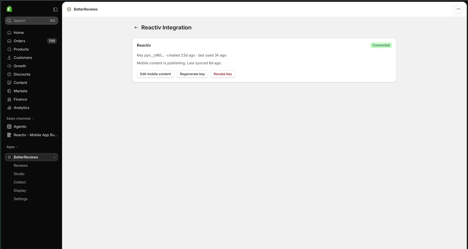 BetterReviews Reactiv Integration page showing the API key with Edit mobile content, Regenerate key, and Revoke key buttons