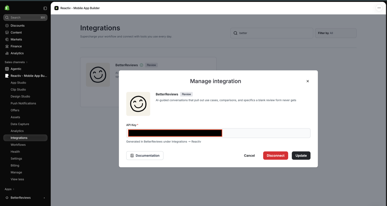 BetterReviews integration popup in Reactiv with the API Key field