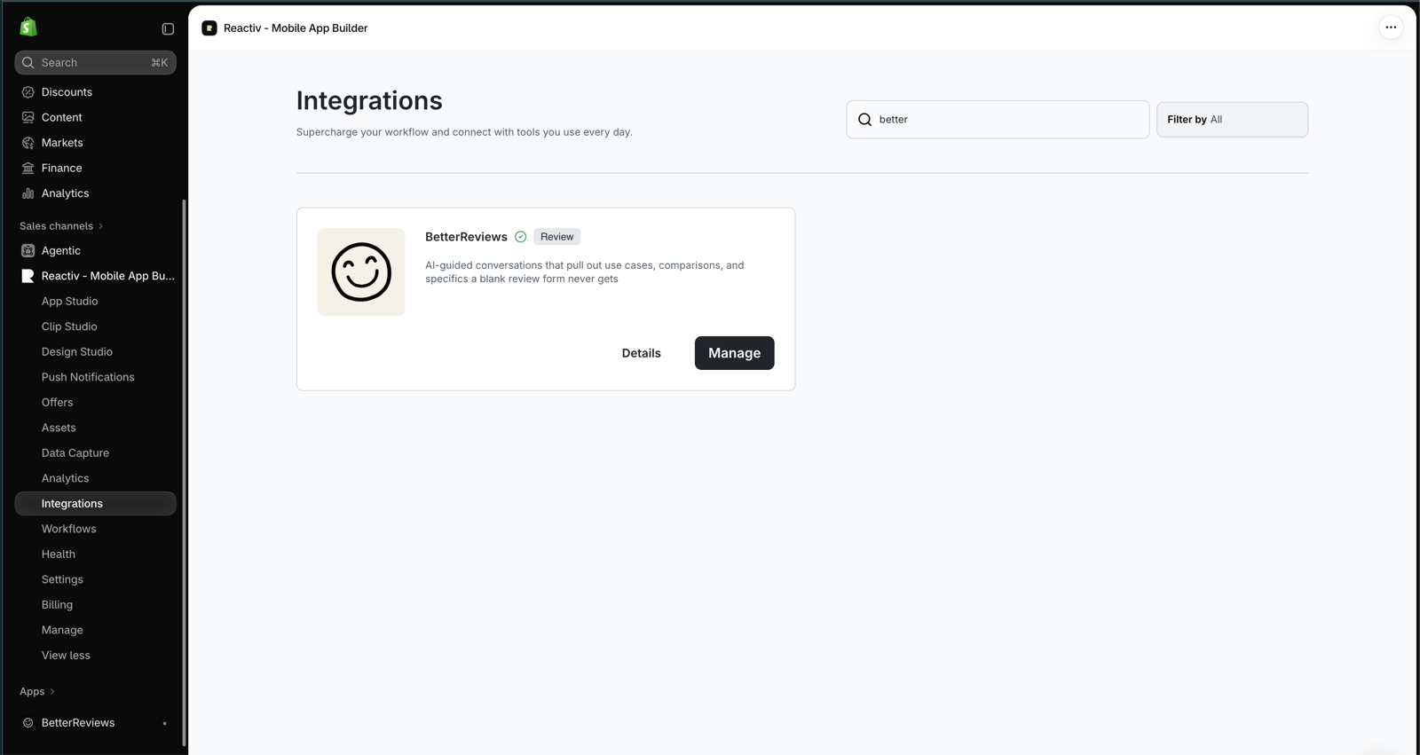 Reactiv dashboard Integrations page with BetterReviews shown in search results