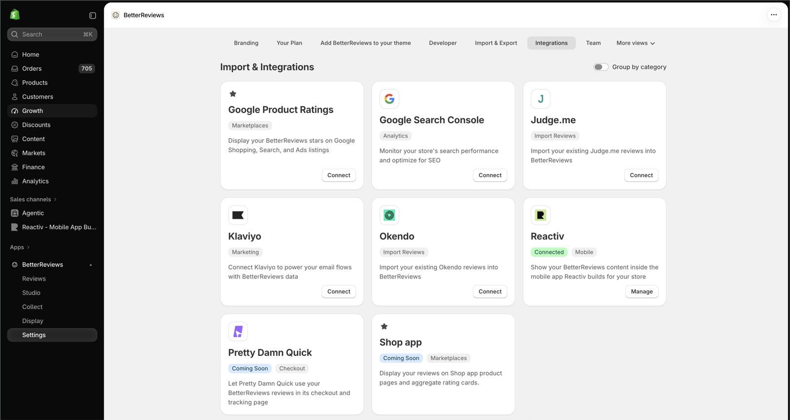 BetterReviews Settings, Integrations tab showing the Reactiv integration card