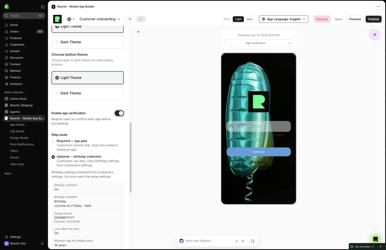 Customer onboarding Age Verification screen with Enable age verification on and Step mode set to Optional — birthday collection