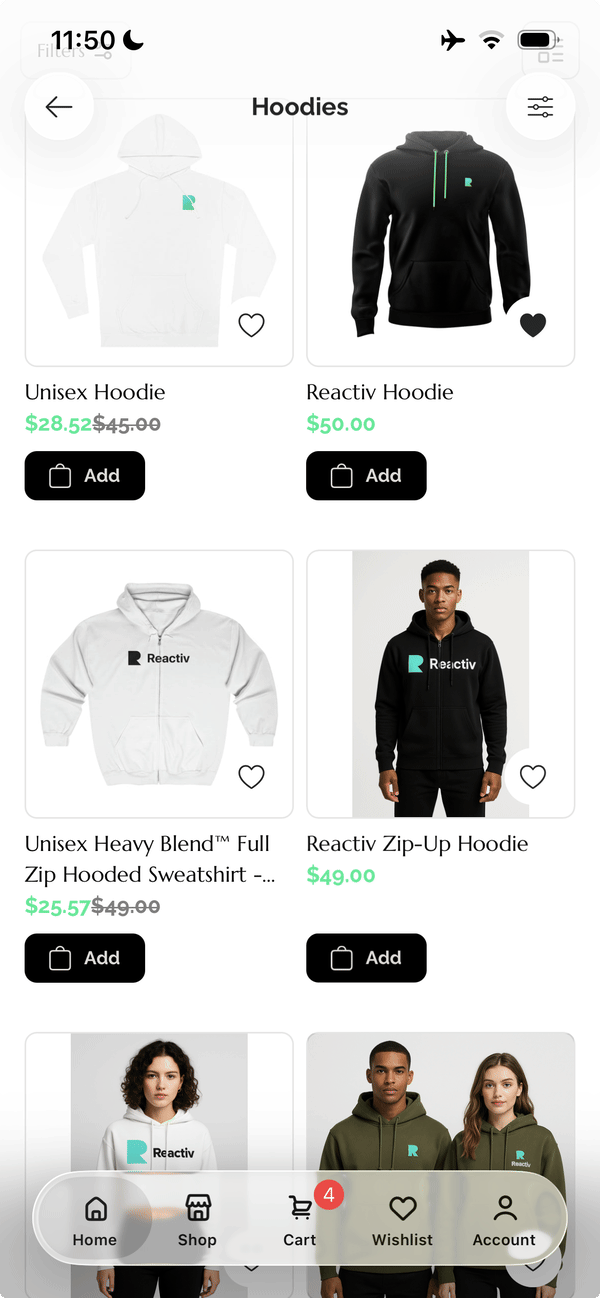 Quick Add shown as an Add button under the price