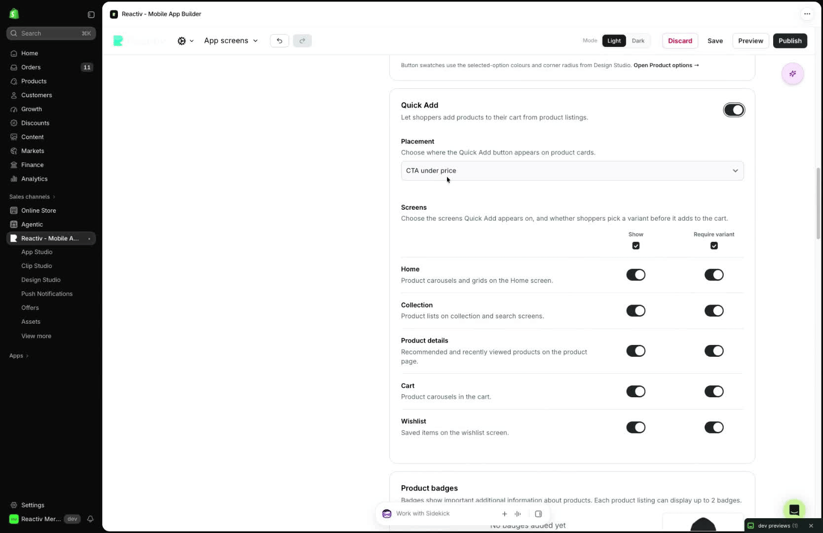 Quick Add settings with Placement and per-screen Show and Require variant toggles