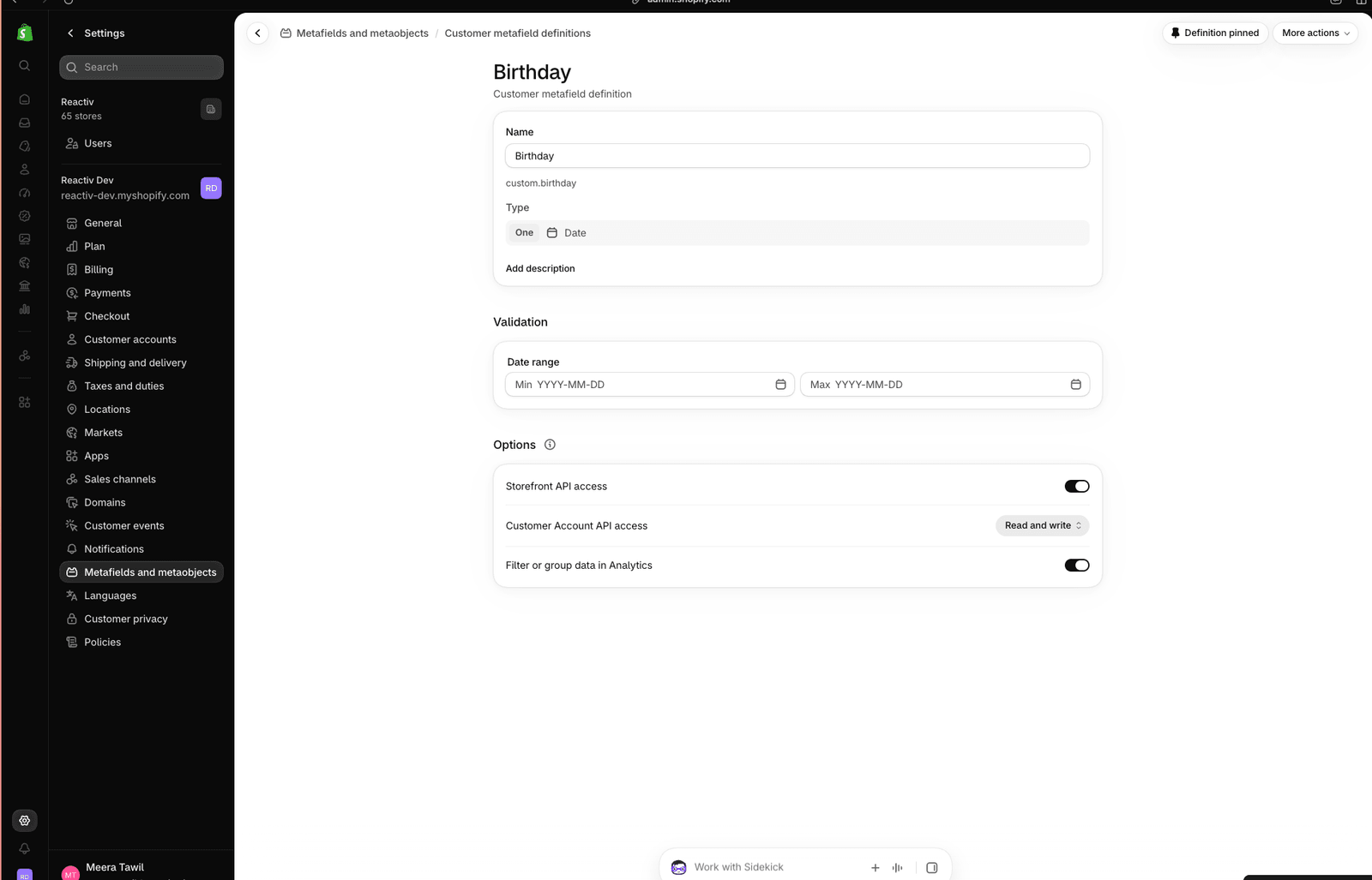 Shopify customer metafield definition for Birthday with type Date and Customer Account API access set to Read and write